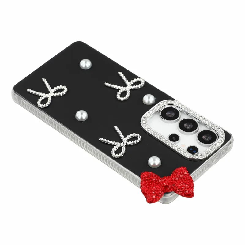 Samsung Galaxy S23 Ultra-hoesje met parel- en strikdecoratie PC + TPU IMD-telefoonhoes met strassstenen cameraring - Klassiek zwart