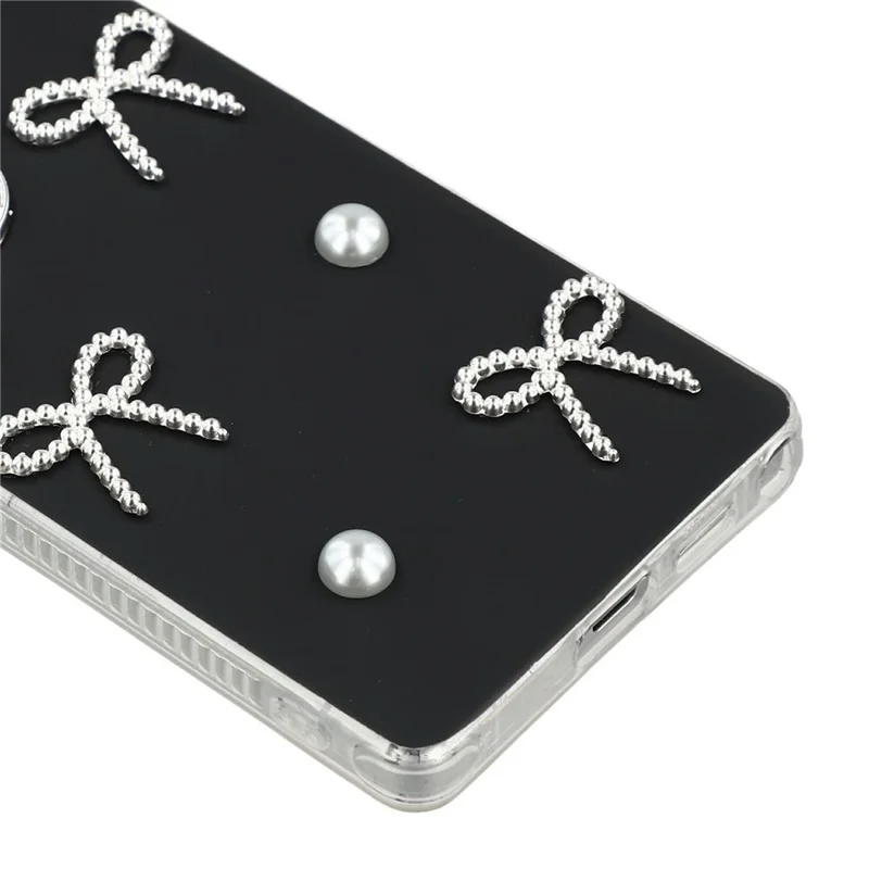 Samsung Galaxy S23 Ultra-hoesje met parel- en strikdecoratie PC + TPU IMD-telefoonhoes met strassstenen cameraring - Klassiek zwart