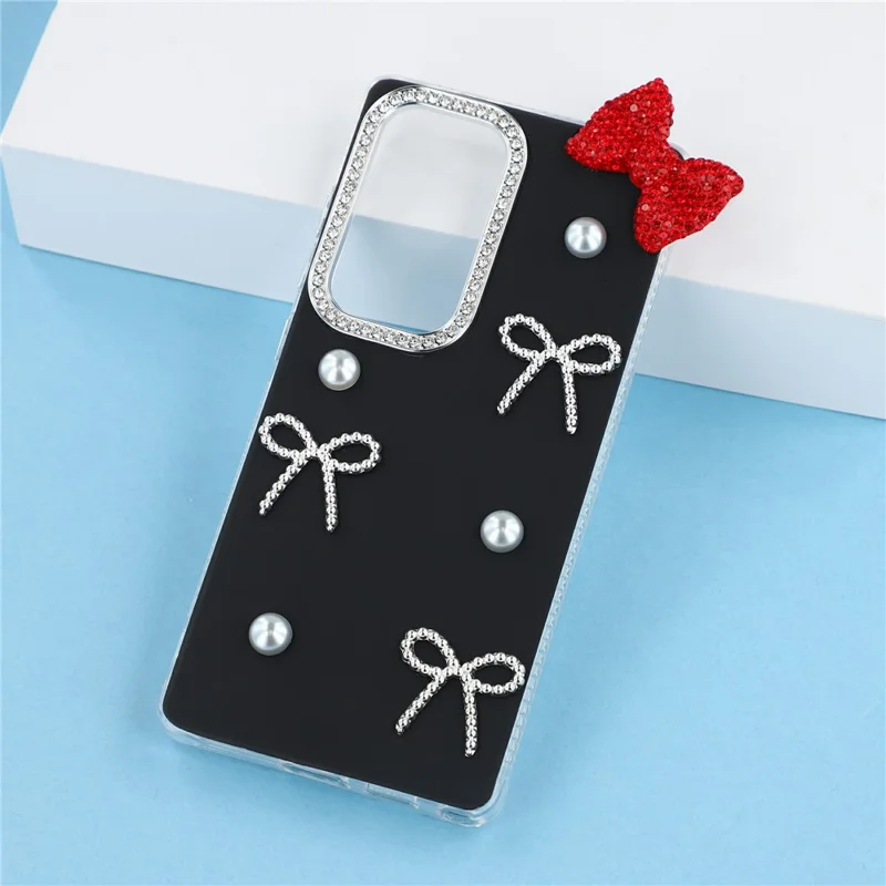 Samsung Galaxy S23 Ultra-hoesje met parel- en strikdecoratie PC + TPU IMD-telefoonhoes met strassstenen cameraring - Klassiek zwart