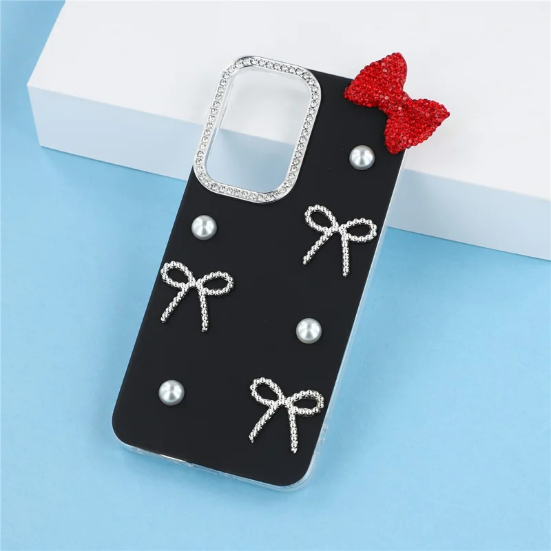 For Samsung Galaxy A26 5G Case Pearl Bow Decor PC + TPU IMD Phone Cover with Rhinestone Camera Ring - Classic Black