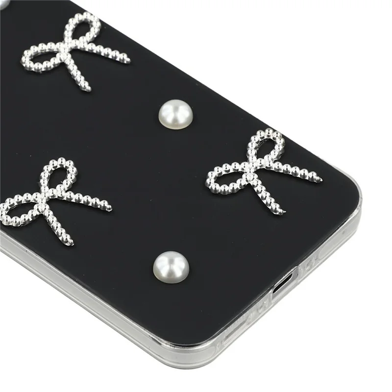 For Samsung Galaxy A16 5G / A16 4G Case Pearl Bow Decor PC + TPU IMD Phone Cover with Rhinestone Camera Ring - Classic Black