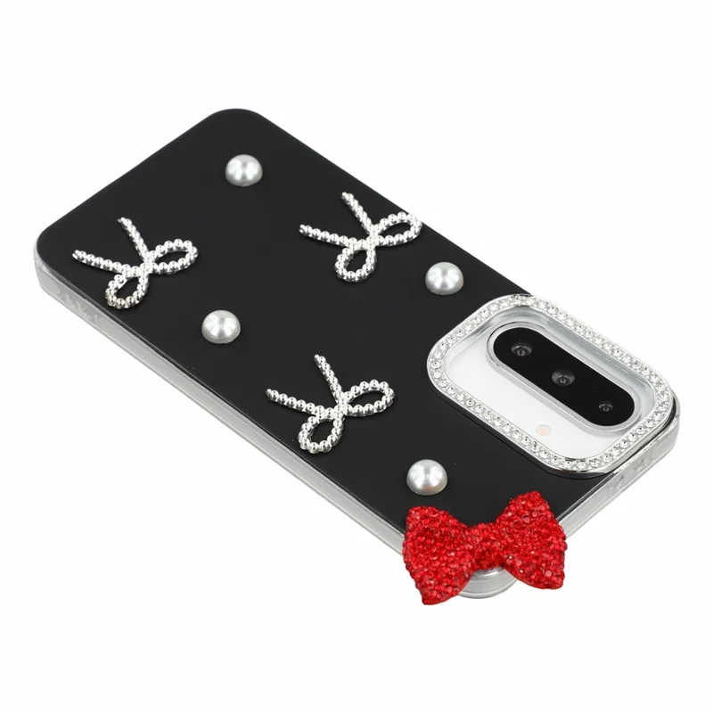 For Samsung Galaxy A35 5G Case Pearl Bow Decor PC + TPU IMD Phone Cover with Rhinestone Camera Ring - Classic Black