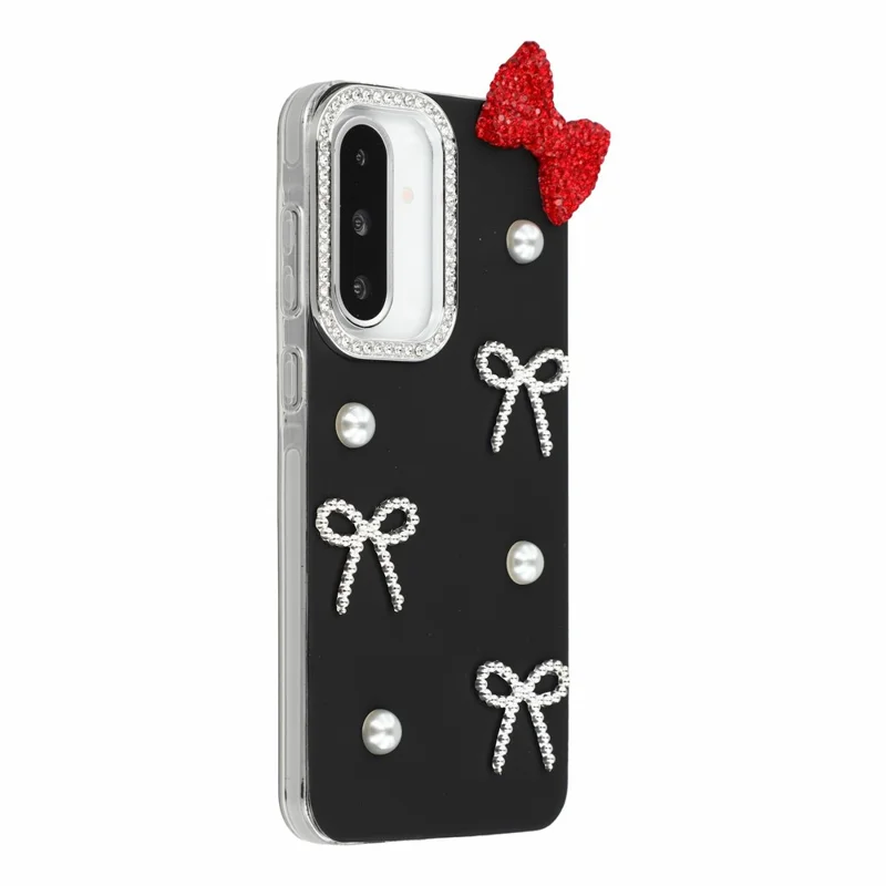 For Samsung Galaxy A15 5G Case Pearl Bow Decor PC + TPU IMD Phone Cover with Rhinestone Camera Ring - Classic Black