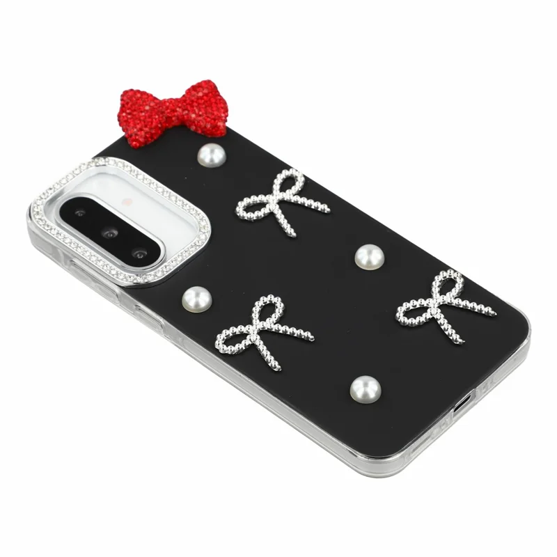 For Samsung Galaxy A15 5G Case Pearl Bow Decor PC + TPU IMD Phone Cover with Rhinestone Camera Ring - Classic Black