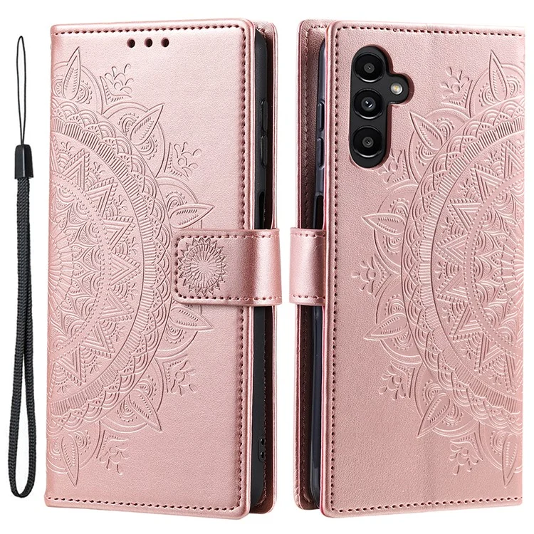 Pour Samsung Galaxy A34 5G Imprinted Mandala Flower PU Leather Shockproof Wallet Case Magnetic Closure Flip Stand Phone Cover with Strap - Rose Gold