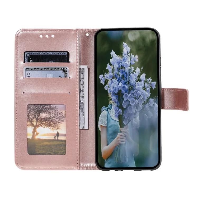 Pour Samsung Galaxy A34 5G Imprinted Mandala Flower PU Leather Shockproof Wallet Case Magnetic Closure Flip Stand Phone Cover with Strap - Rose Gold