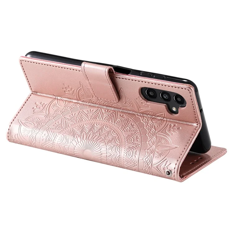 Pour Samsung Galaxy A34 5G Imprinted Mandala Flower PU Leather Shockproof Wallet Case Magnetic Closure Flip Stand Phone Cover with Strap - Rose Gold