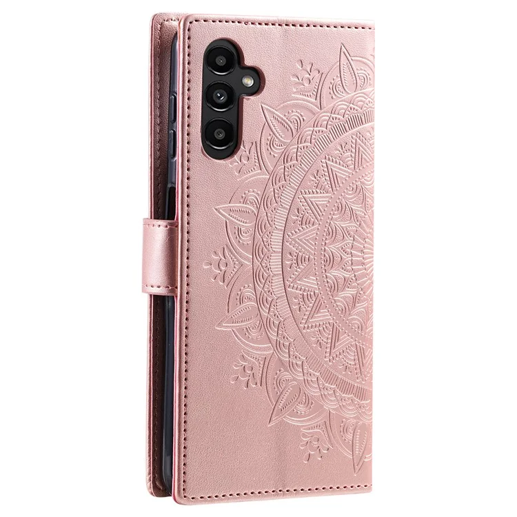 Pour Samsung Galaxy A34 5G Imprinted Mandala Flower PU Leather Shockproof Wallet Case Magnetic Closure Flip Stand Phone Cover with Strap - Rose Gold