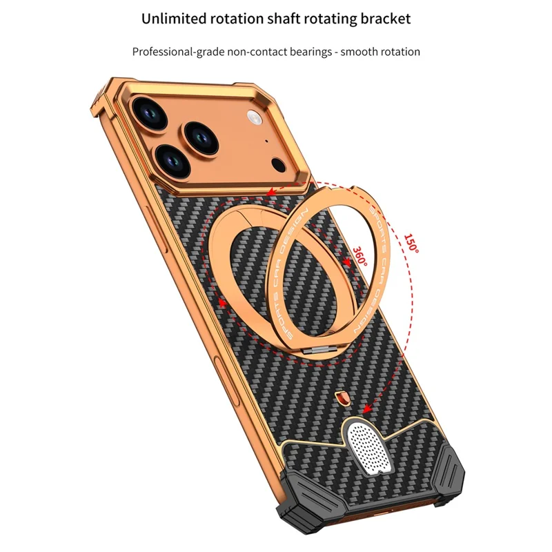 For iPhone 17 Pro Aramid Fiber Case Magnetic Rotating Kickstand Carbon Fiber Texture Frameless Phone Cover - Orange