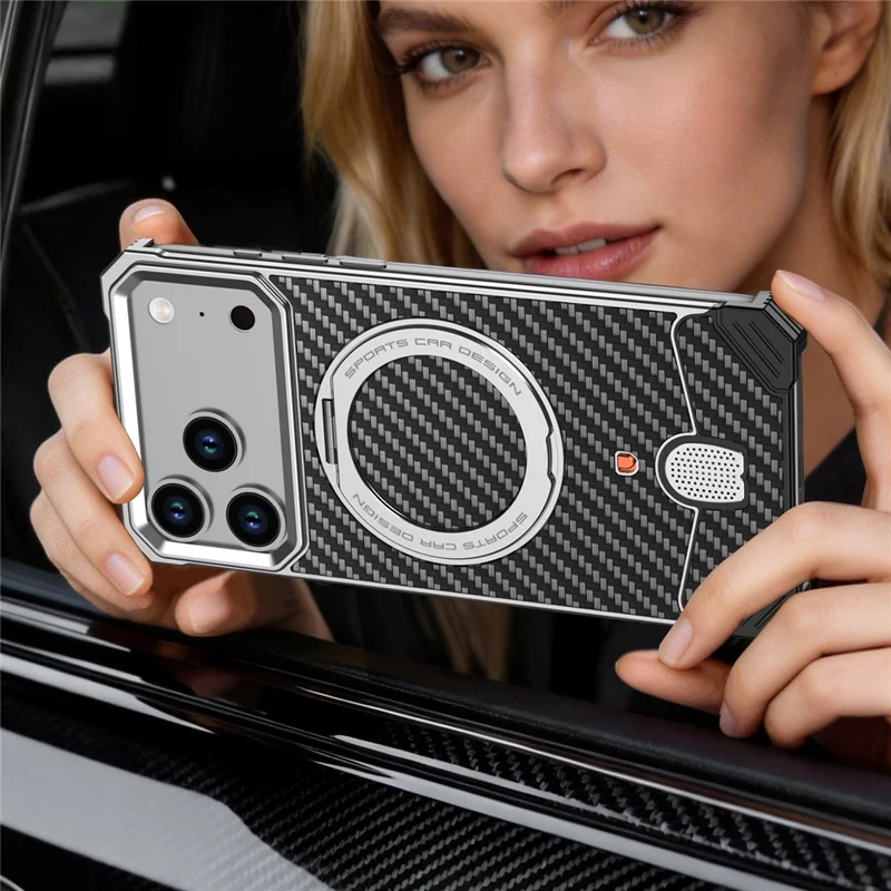 For iPhone 17 Pro Aramid Fiber Case Magnetic Rotating Kickstand Carbon Fiber Texture Frameless Phone Cover - Orange