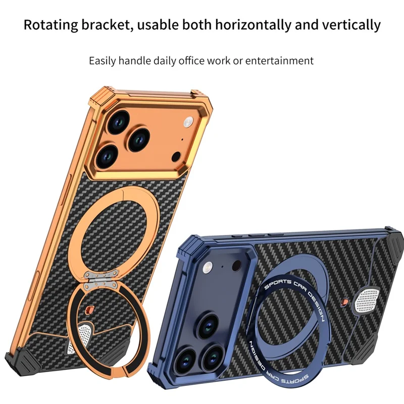For iPhone 17 Pro Max Aramid Fiber Case Magnetic Rotating Kickstand Carbon Fiber Texture Frameless Phone Cover - Orange
