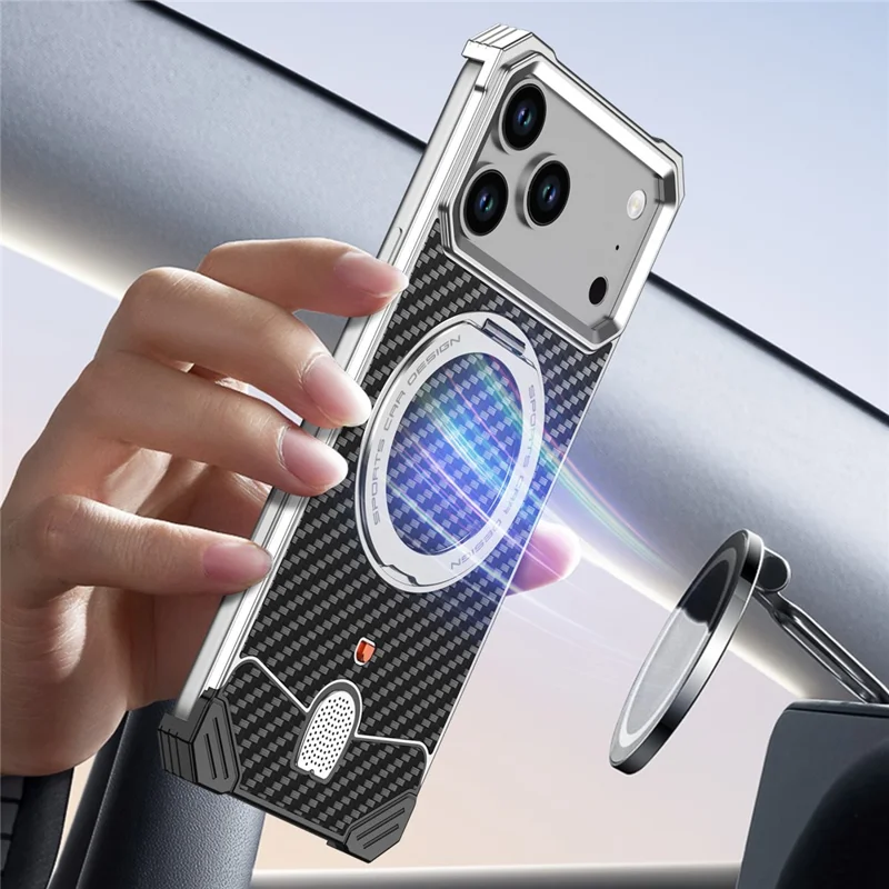 For iPhone 17 Pro Max Aramid Fiber Case Magnetic Rotating Kickstand Carbon Fiber Texture Frameless Phone Cover - Orange