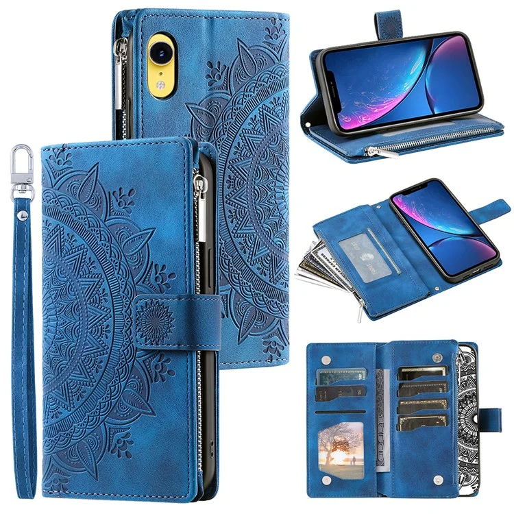 For iPhone XR 6.1 inch Mandala Flower Imprinted PU Leather Case Magnetic Handbag Zipper Pocket Stand Wallet Multiple Card Slots Phone Cover with Strap - Blue
