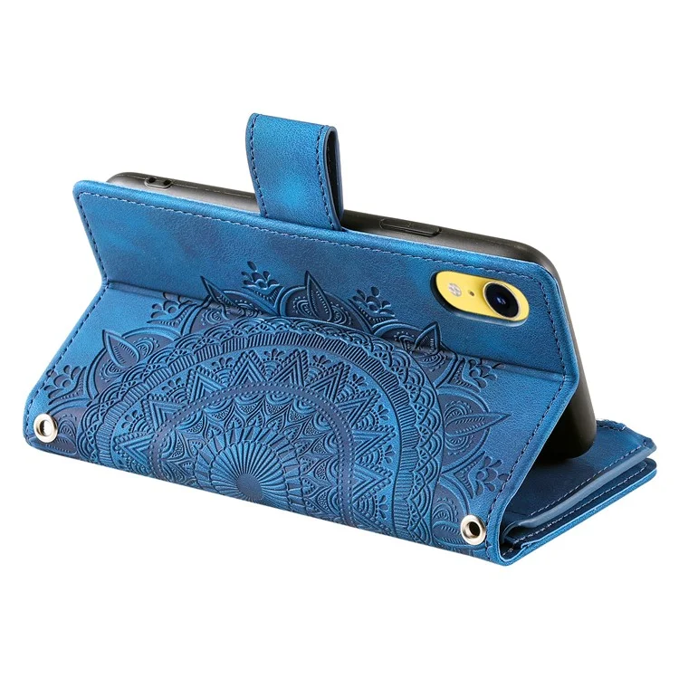 For iPhone XR 6.1 inch Mandala Flower Imprinted PU Leather Case Magnetic Handbag Zipper Pocket Stand Wallet Multiple Card Slots Phone Cover with Strap - Blue