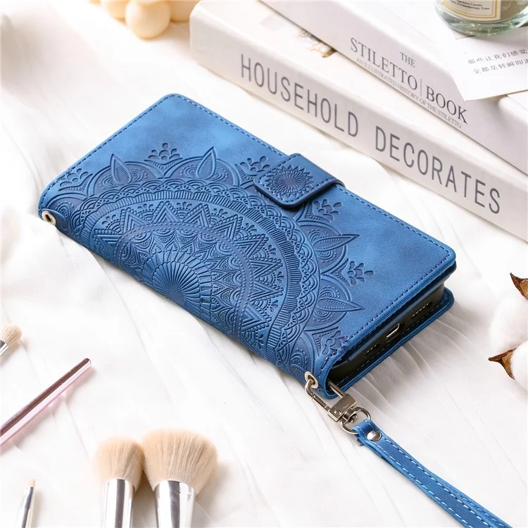 For iPhone XR 6.1 inch Mandala Flower Imprinted PU Leather Case Magnetic Handbag Zipper Pocket Stand Wallet Multiple Card Slots Phone Cover with Strap - Blue