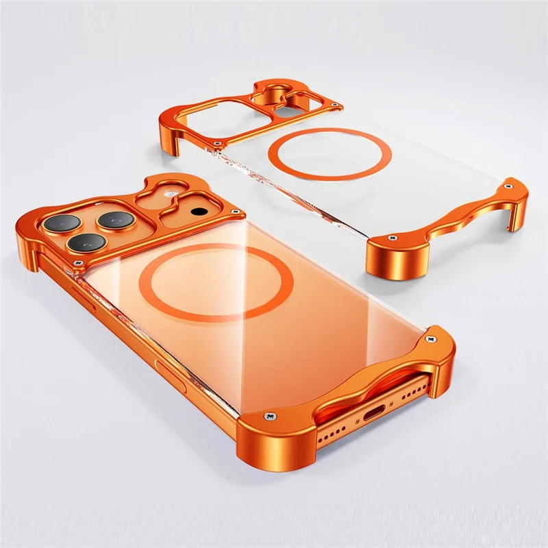 For iPhone 17 Pro Magnetic Case Aluminum Alloy + PC Clear Transparent Frameless Phone Cover - Orange