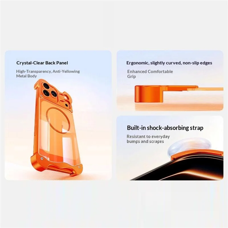 For iPhone 17 Pro Magnetic Case Aluminum Alloy + PC Clear Transparent Frameless Phone Cover - Orange