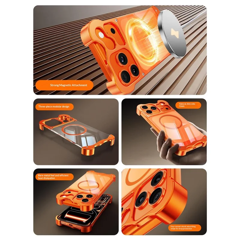 For iPhone 17 Pro Magnetic Case Aluminum Alloy + PC Clear Transparent Frameless Phone Cover - Orange