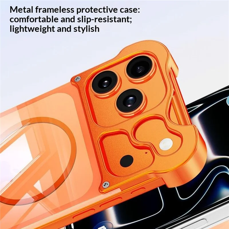 For iPhone 17 Pro Magnetic Case Aluminum Alloy + PC Clear Transparent Frameless Phone Cover - Orange