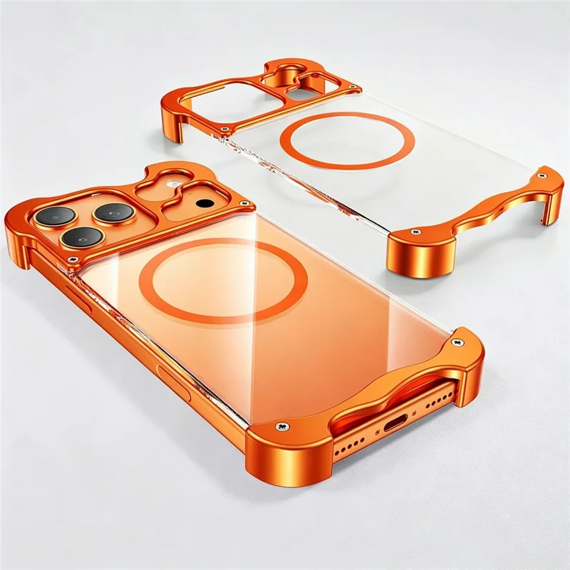 For iPhone 17 Pro Max Magnetic Case Aluminum Alloy + PC Clear Transparent Frameless Phone Cover - Orange