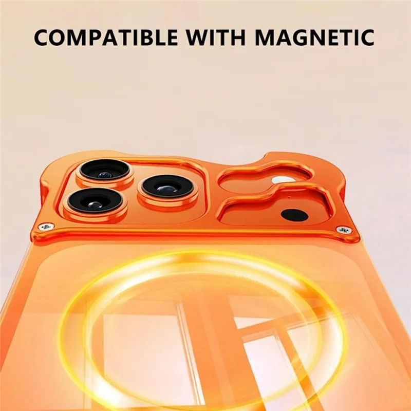 For iPhone 17 Pro Max Magnetic Case Aluminum Alloy + PC Clear Transparent Frameless Phone Cover - Orange
