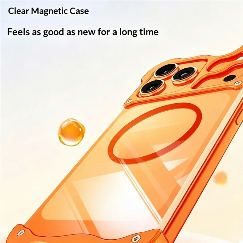 For iPhone 17 Pro Max Magnetic Case Aluminum Alloy + PC Clear Transparent Frameless Phone Cover - Orange