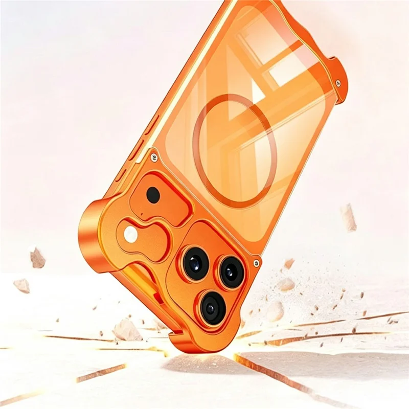 For iPhone 17 Pro Max Magnetic Case Aluminum Alloy + PC Clear Transparent Frameless Phone Cover - Orange