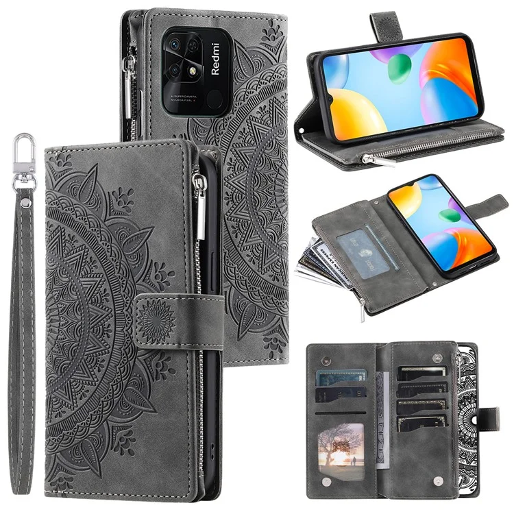 For Xiaomi Redmi 10C 4G Mandala Flower Imprinted Zipper Wallet Phone Case PU Leather Stand Multiple Card Slots Shockproof Flip Cover with Strap - Grey
