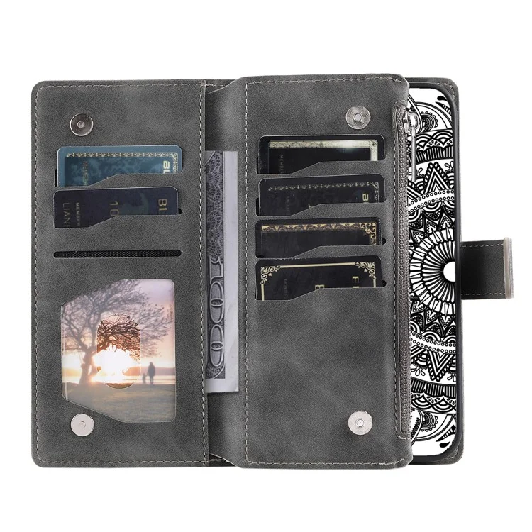 For Xiaomi Redmi 10C 4G Mandala Flower Imprinted Zipper Wallet Phone Case PU Leather Stand Multiple Card Slots Shockproof Flip Cover with Strap - Grey