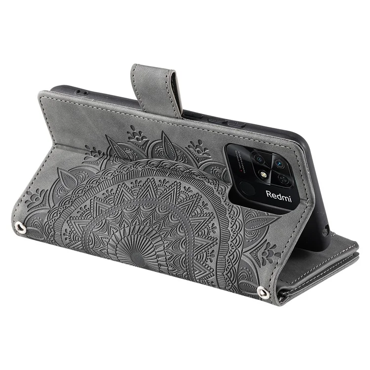For Xiaomi Redmi 10C 4G Mandala Flower Imprinted Zipper Wallet Phone Case PU Leather Stand Multiple Card Slots Shockproof Flip Cover with Strap - Grey