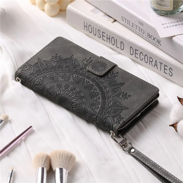 For Xiaomi Redmi 10C 4G Mandala Flower Imprinted Zipper Wallet Phone Case PU Leather Stand Multiple Card Slots Shockproof Flip Cover with Strap - Grey