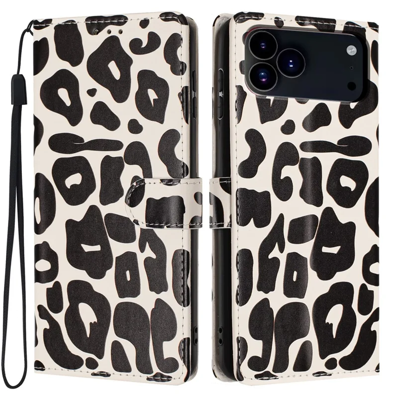 Läderfodral med leopardmönster till iPhone 17 Pro Max, vikbar plånboksfodral med ställfunktion och handledsband - Svart