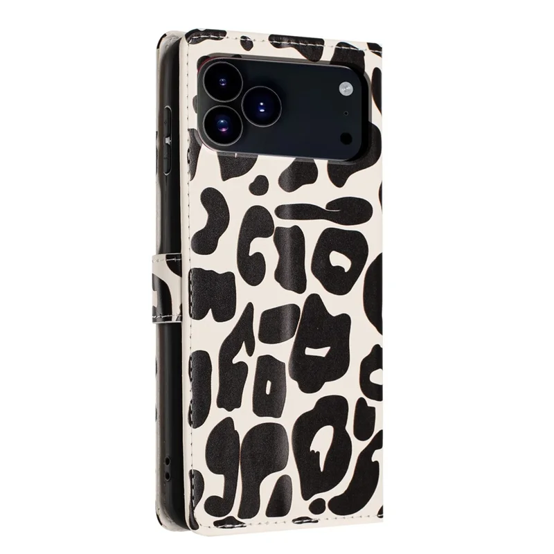 Läderfodral med leopardmönster till iPhone 17 Pro Max, vikbar plånboksfodral med ställfunktion och handledsband - Svart
