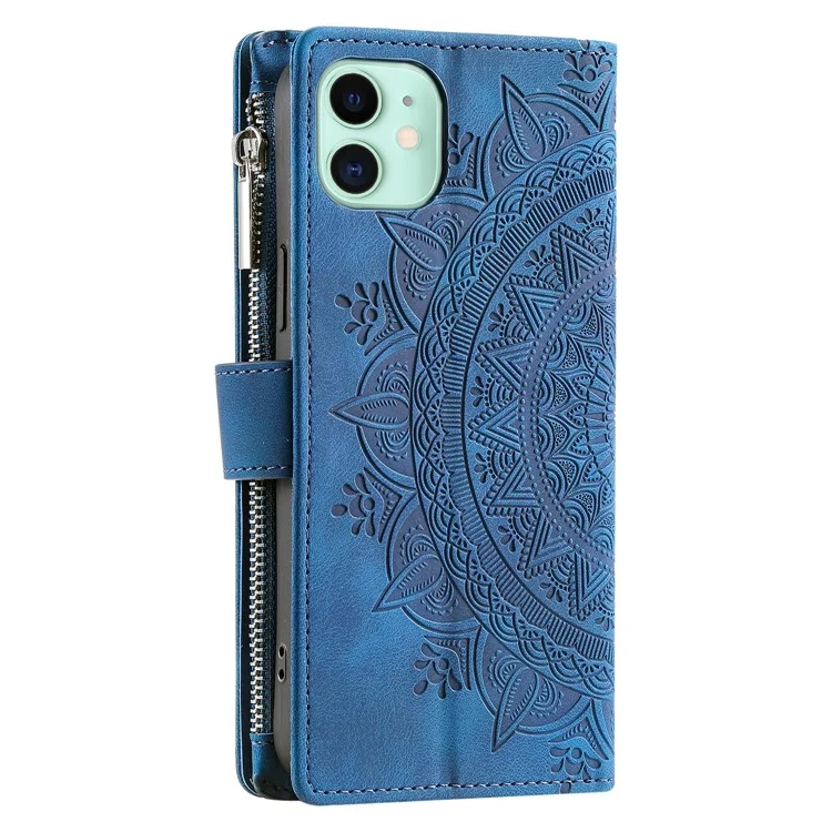 For iPhone 12 mini 5.4 inch Phone Stand Cover Multiple Card Slots PU Leather Wallet Zipper Pocket Mandala Flower Imprinted Phone Case - Blue