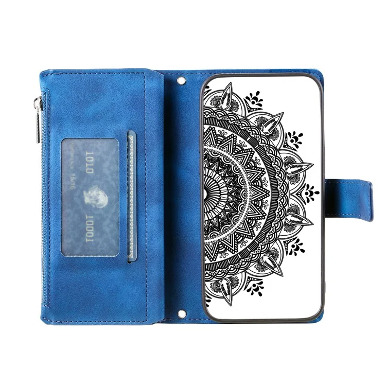 For iPhone 12 mini 5.4 inch Phone Stand Cover Multiple Card Slots PU Leather Wallet Zipper Pocket Mandala Flower Imprinted Phone Case - Blue