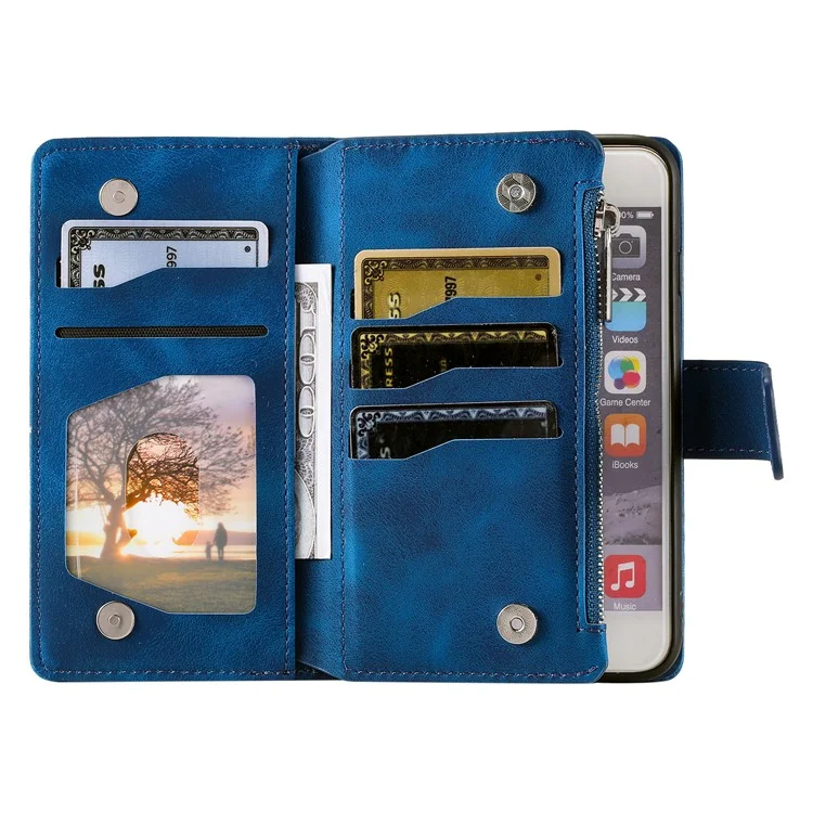 For iPhone 12 mini 5.4 inch Phone Stand Cover Multiple Card Slots PU Leather Wallet Zipper Pocket Mandala Flower Imprinted Phone Case - Blue