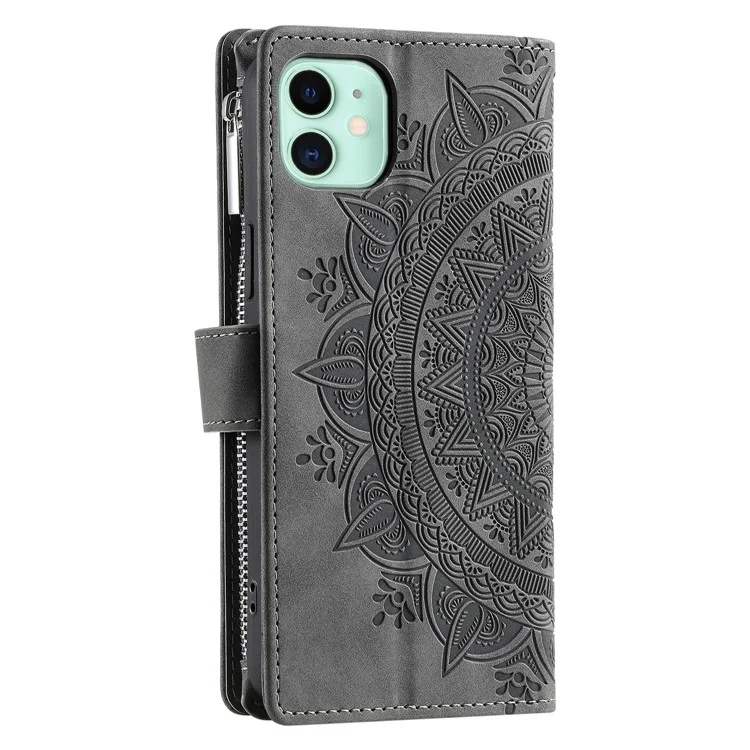Für iPhone 12 mini 5.4 Zoll Handyhalterung Hülle Mehrere Kartenschlitze PU-Leder Geldbörse Reißverschlusstasche Mandala Blume Bedruckt Handyhülle - Grau