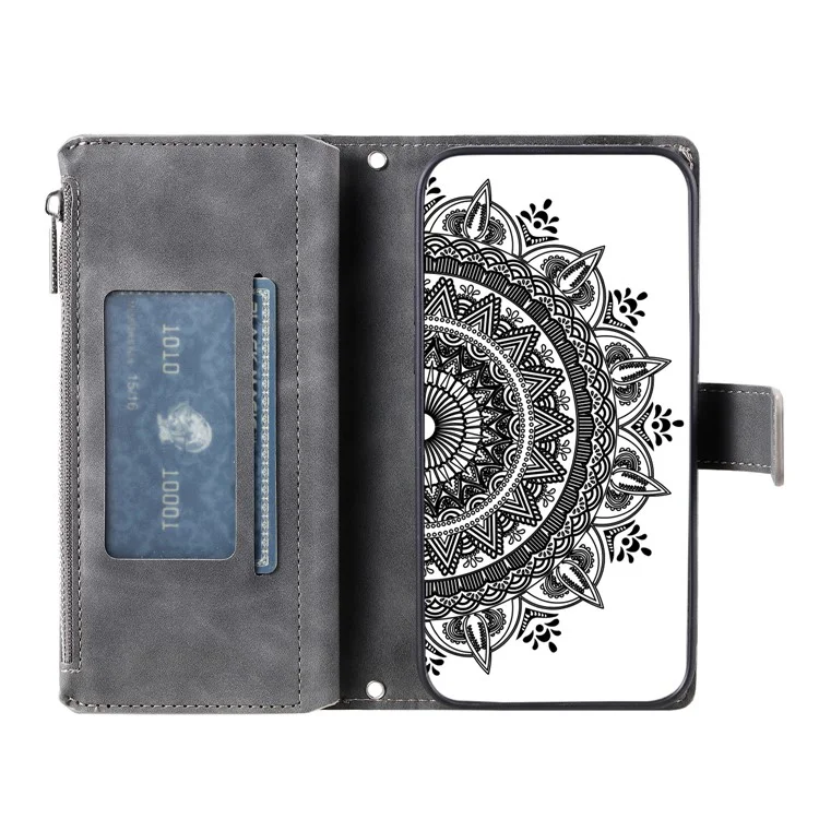 Für iPhone 12 mini 5.4 Zoll Handyhalterung Hülle Mehrere Kartenschlitze PU-Leder Geldbörse Reißverschlusstasche Mandala Blume Bedruckt Handyhülle - Grau