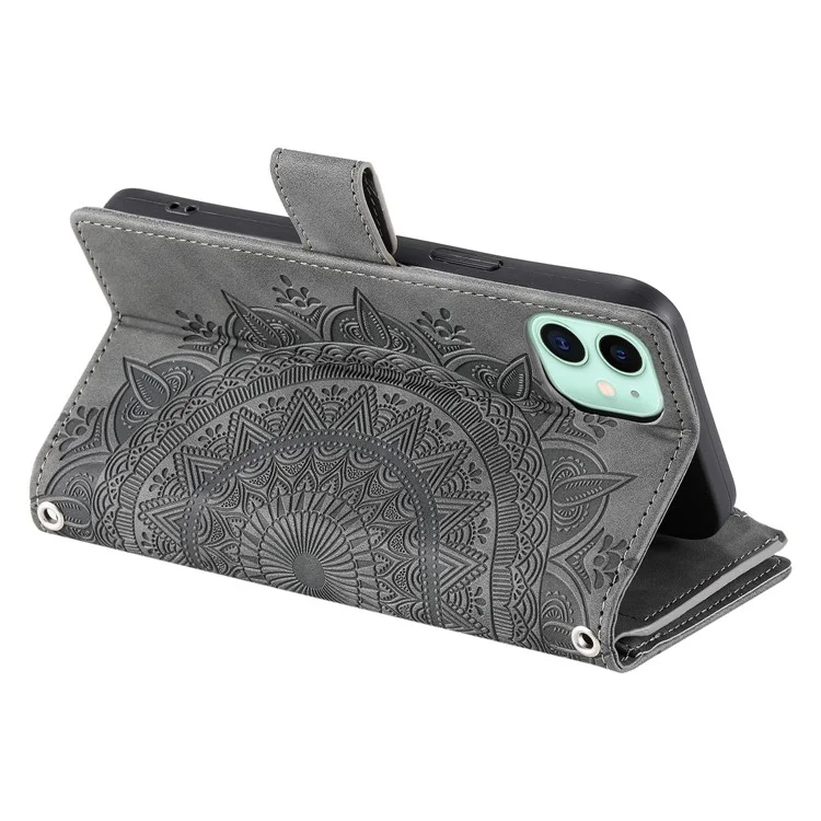 Für iPhone 12 mini 5.4 Zoll Handyhalterung Hülle Mehrere Kartenschlitze PU-Leder Geldbörse Reißverschlusstasche Mandala Blume Bedruckt Handyhülle - Grau