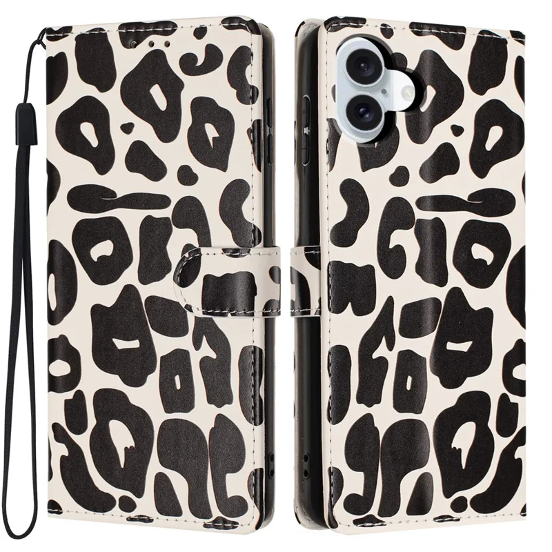 For iPhone 17 Case Leopard Print Wallet Stand Flip Leather Phone Cover with Wrist Strap - Black