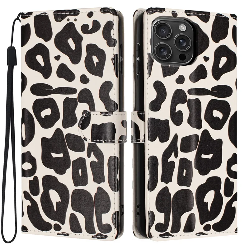 For iPhone 16 Pro Max Case Leopard Print Wallet Stand Flip Leather Phone Cover with Wrist Strap - Black