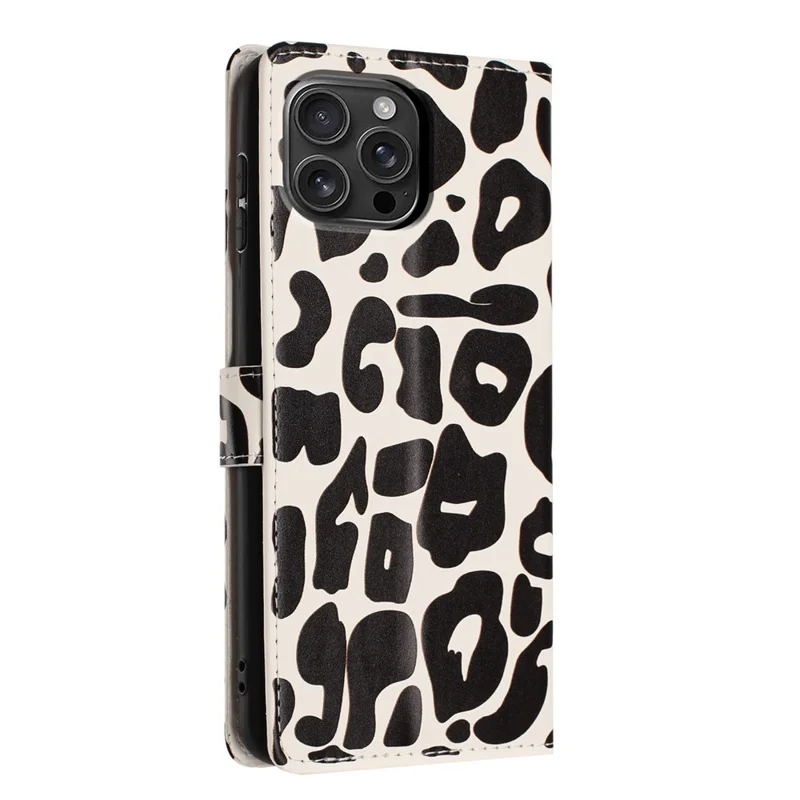 For iPhone 16 Pro Max Case Leopard Print Wallet Stand Flip Leather Phone Cover with Wrist Strap - Black