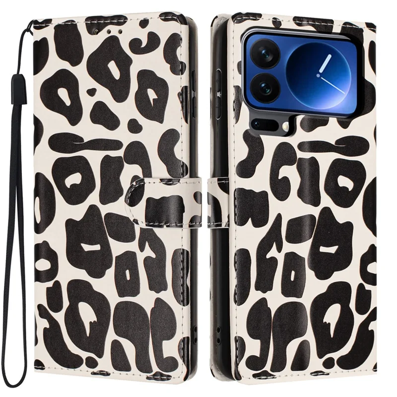 For Xiaomi 17 Pro Case Leopard Print Wallet Stand Flip Leather Phone Cover with Wrist Strap - Black