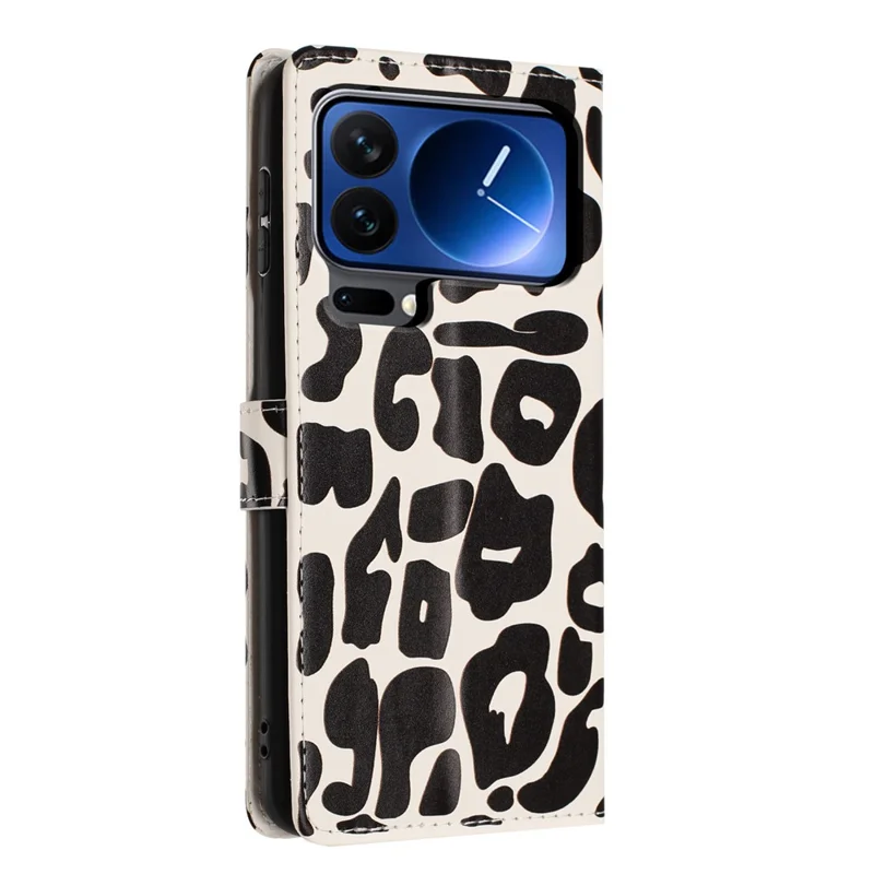 For Xiaomi 17 Pro Case Leopard Print Wallet Stand Flip Leather Phone Cover with Wrist Strap - Black
