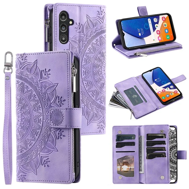 For Samsung Galaxy A14 5G / A14 4G PU Leather Case Mandala Flower Imprinted Multiple Card Slots Wallet Stand Flip Cover with Strap - Purple