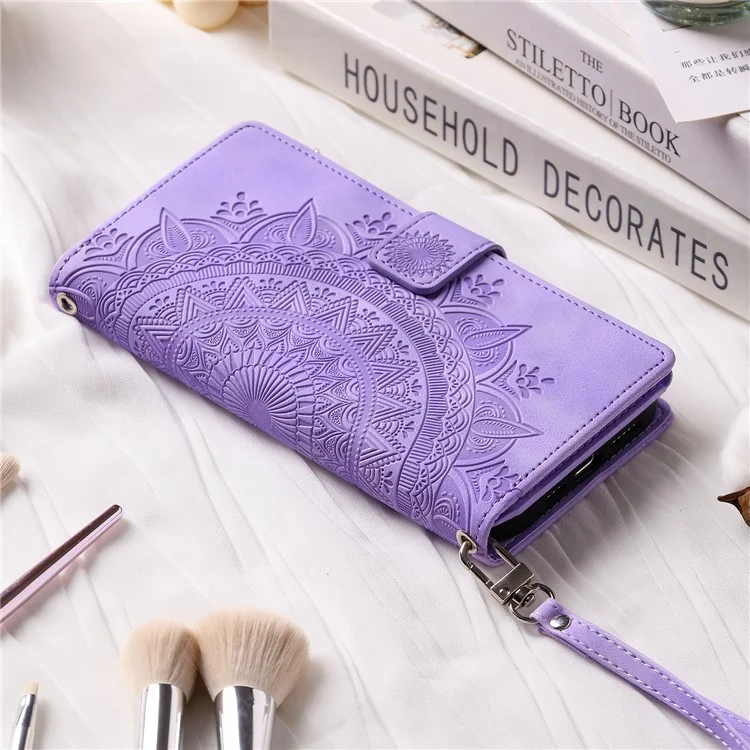 Pour Samsung Galaxy A14 5G PU Cuir Mandala Fleur Fleur Impritute Handbag Téléphone Téléphone Multiple Slots Slots Portefeuille Zipper Stand Stand Flip Couvercle Avec Sangle - Violet