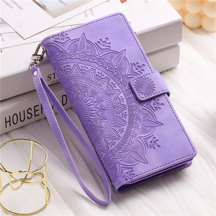 For Samsung Galaxy A14 5G / A14 4G PU Leather Case Mandala Flower Imprinted Multiple Card Slots Wallet Stand Flip Cover with Strap - Purple