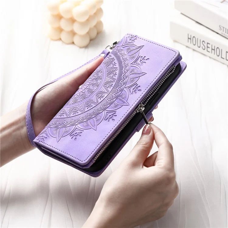 Pour Samsung Galaxy A14 5G PU Cuir Mandala Fleur Fleur Impritute Handbag Téléphone Téléphone Multiple Slots Slots Portefeuille Zipper Stand Stand Flip Couvercle Avec Sangle - Violet