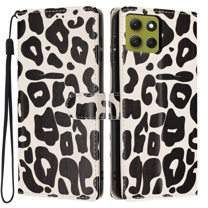 For Motorola Moto G86 5G Case Leopard Print Wallet Stand Flip Leather Phone Cover with Wrist Strap - Black