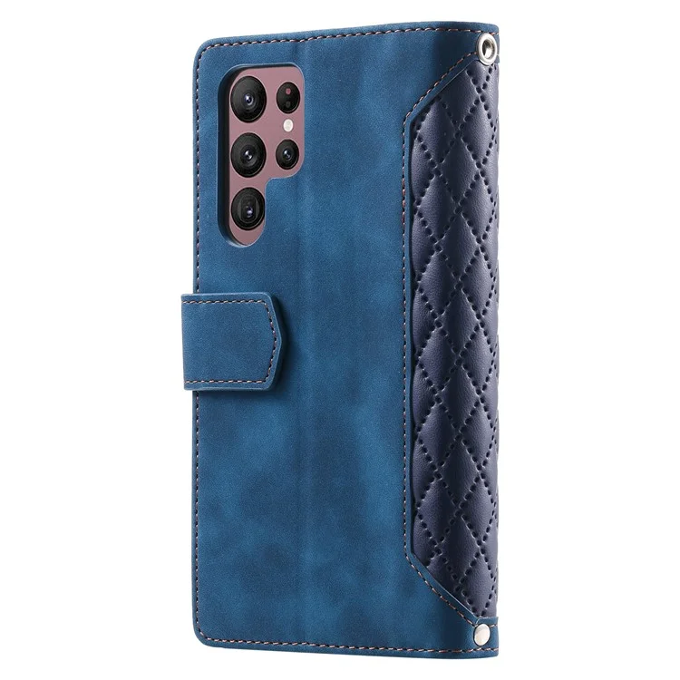 Для Samsung Galaxy S23 Ultra 005 Style Rhombus Imprinted PU Leather Cover Zipper Pocket Stand Wallet Phone Case with Strap - Blue